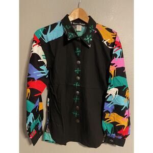 Vintage Western Shadows Shirt Womens Large Black Horse Print Western USA 90s